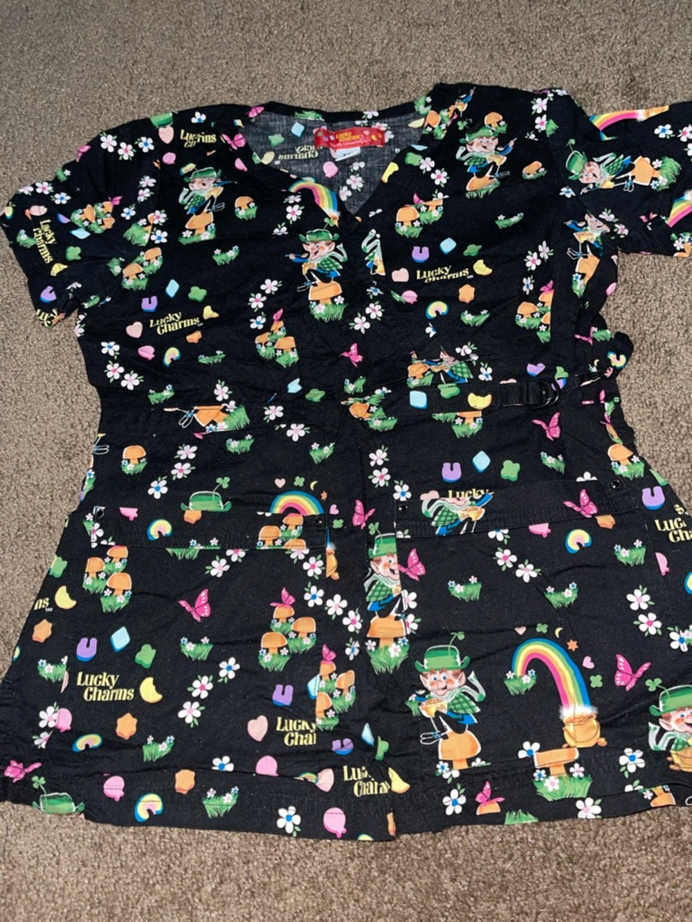 Lucky Charms Black Scrub Top with Rainbow & Leprechaun Print